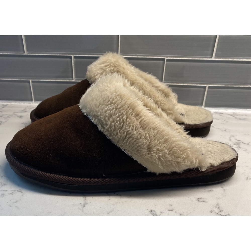 Minnetonka Leather Slippers Slides Scuffs Faux Fur Interior Women's Size 8 Brown